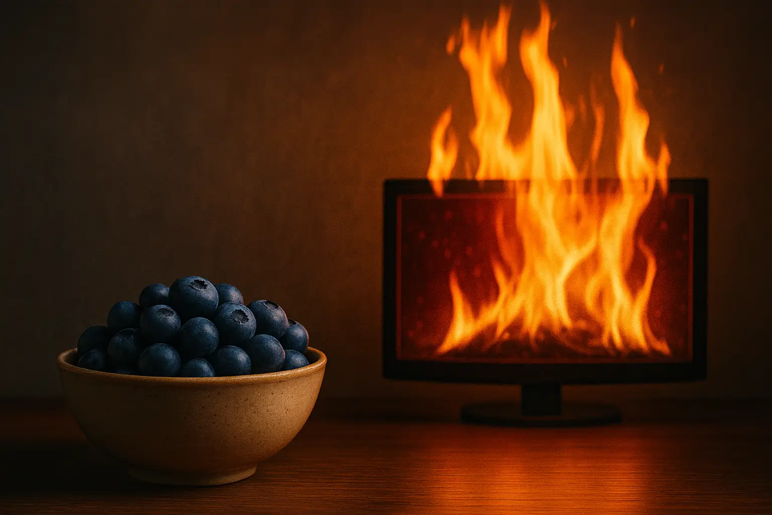 A bowl of blueberries in front of a burning television