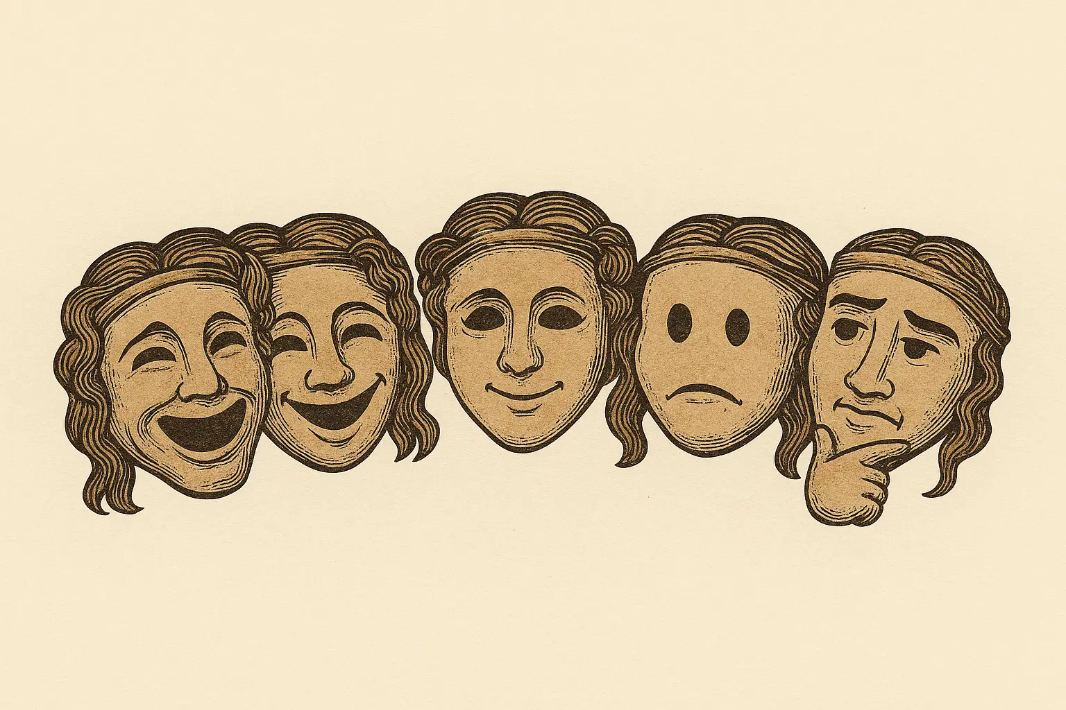 A pen-and-ink illustration depicting five modern emojis as ancient Greek theater masks arranged in a soft upward arc on a parchment background. Each mask shows a different emotion, progressing from laughter to contemplation. The faces are sculpted in a classical Greek style with textured shading and flowing hair, symbolizing a transition from comedy to reflection.